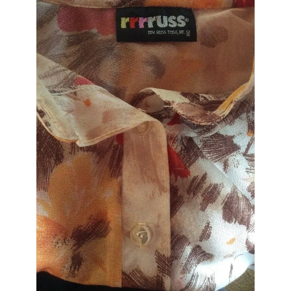 Vintage Floral Semi Sheer rrrruss Autumn ILGWU 80s Grandmacore Top Size Medium* - Picture 3 of 5